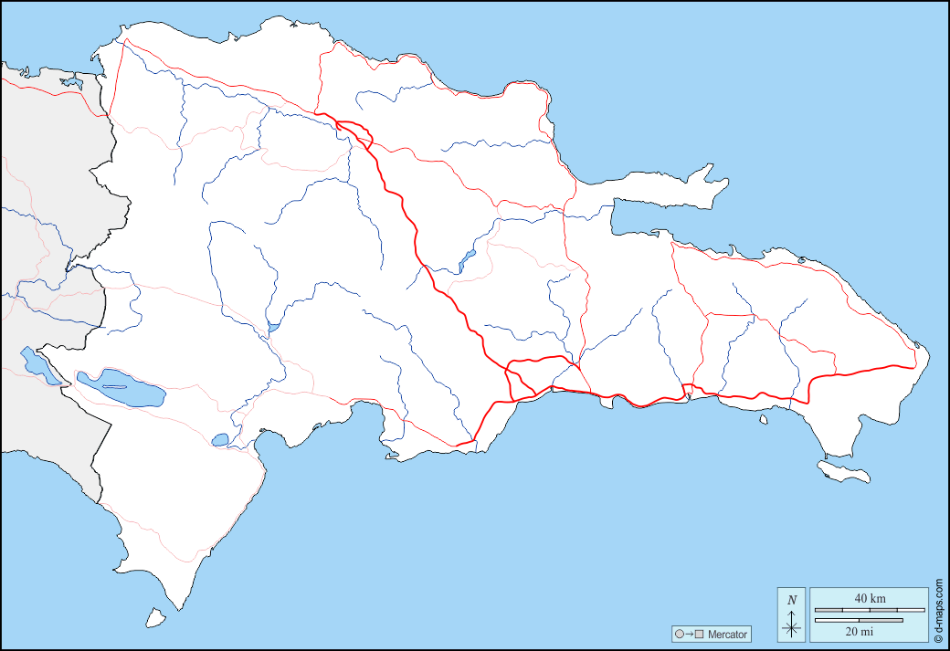 República Dominicana : d-maps.com: mapa gratuito, mapa mudo gratuito, mapa en blanco gratuito, plantilla de mapa : fronteras, hidrografía, carreteras