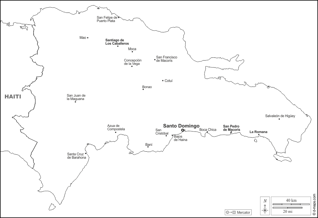 الجمهورية الدومينيكية : خريطة مجانية, خريطة خاليه من الفراغ, خريطة الخطوط العريضة, خريطة القاعدة الحرة
 : حدود, المدن الرئيسية, أسماء, أبيض