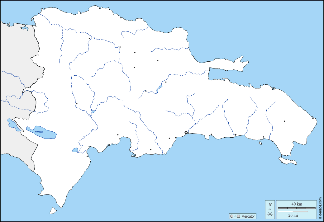 ドミニカ共和国 : d-maps.com: 無料地図, 無料の空の地図, 無料のアウトラインマップ, 無料のベースマップ
 : 境界, 川と湖, 主要都市