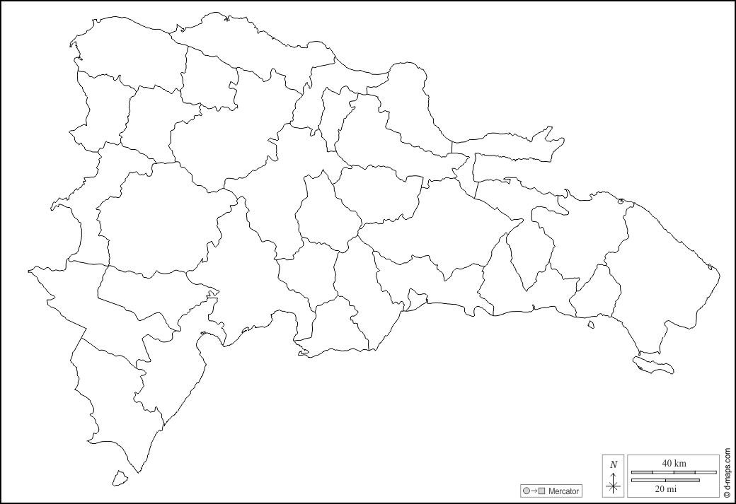 多明尼加 : d-maps.com: 免费地图, 免费的空白地图, 免费的轮廓地图, 免费基地地图 : 大纲, 省, 白