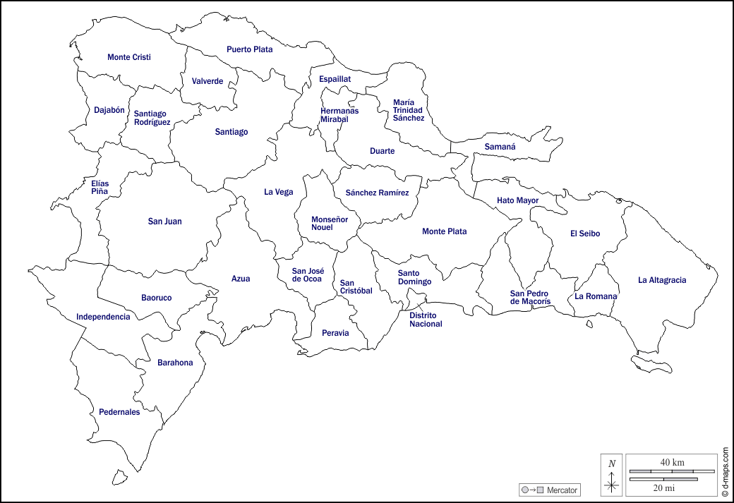 Dominican Republic : d-maps.com: free map, free blank map, free outline map, free base map : outline, provinces, names, white