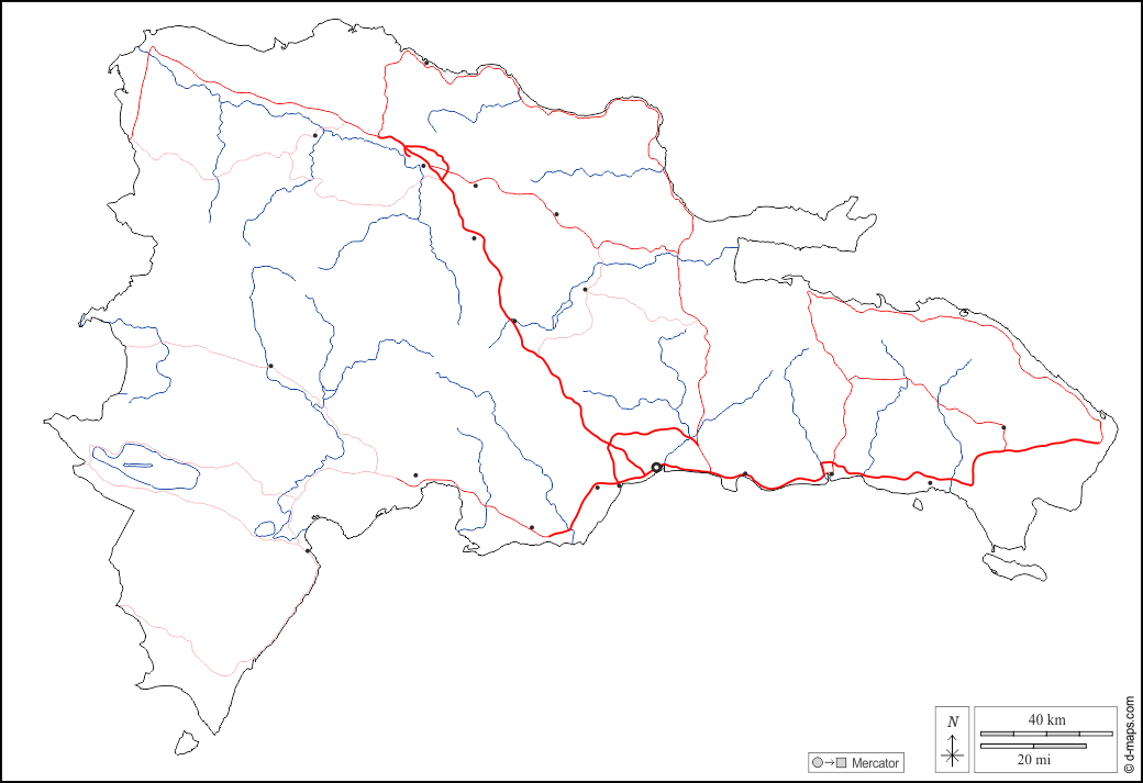 ドミニカ共和国 : d-maps.com: 無料地図, 無料の空の地図, 無料のアウトラインマップ, 無料のベースマップ
 : 輪郭, 川と湖, 主要都市, 道路, 白い