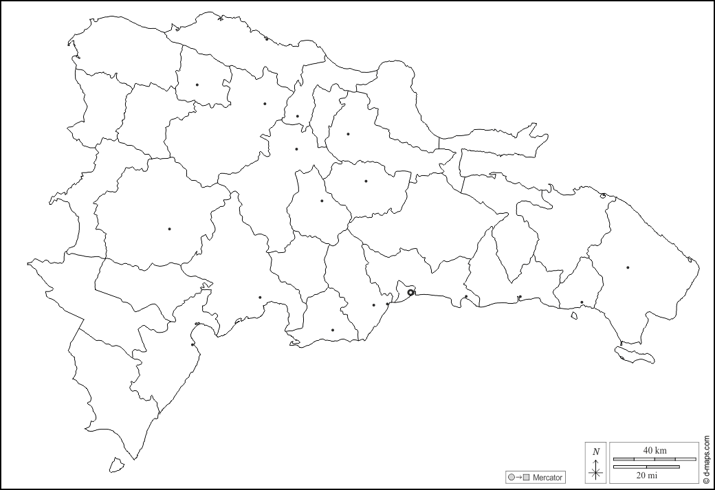 Dominikanische Republik : d-maps.com: Kostenlose Karten, kostenlose stumme Karte, kostenlose unausgefüllt Landkarte, kostenlose hochauflösende Umrisskarte : Umrisse, Provinzen, Wichtige Städte, weiß