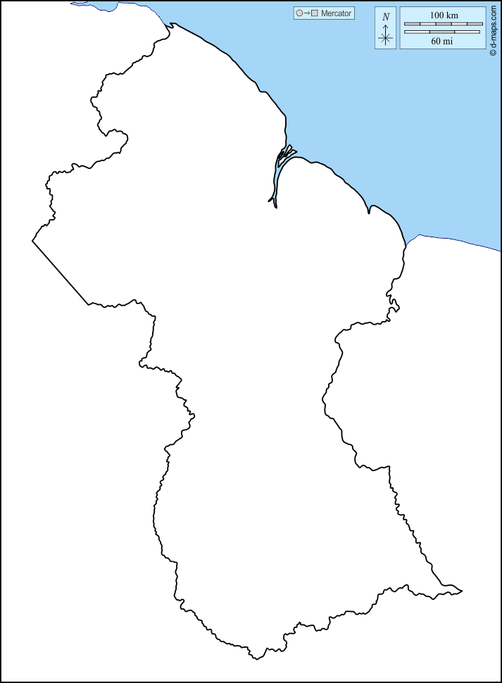 Guyana : d-maps.com: mapa gratuito, mapa mudo gratuito, mapa en blanco gratuito, plantilla de mapa : costas, límites