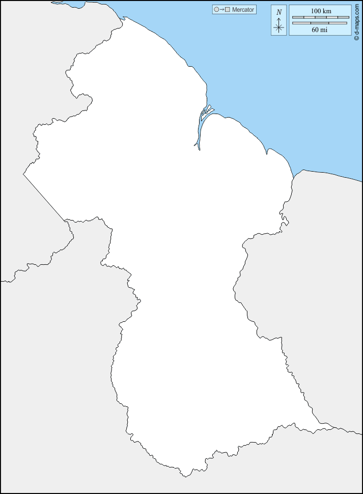 Guyana : d-maps.com: mapa gratuito, mapa mudo gratuito, mapa en blanco gratuito, plantilla de mapa : fronteras