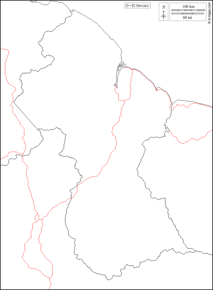 Guyana : d-maps.com: Kostenlose Karten, kostenlose stumme Karte, kostenlose unausgefüllt Landkarte, kostenlose hochauflösende Umrisskarte : Grenzen, Straßen, weiß