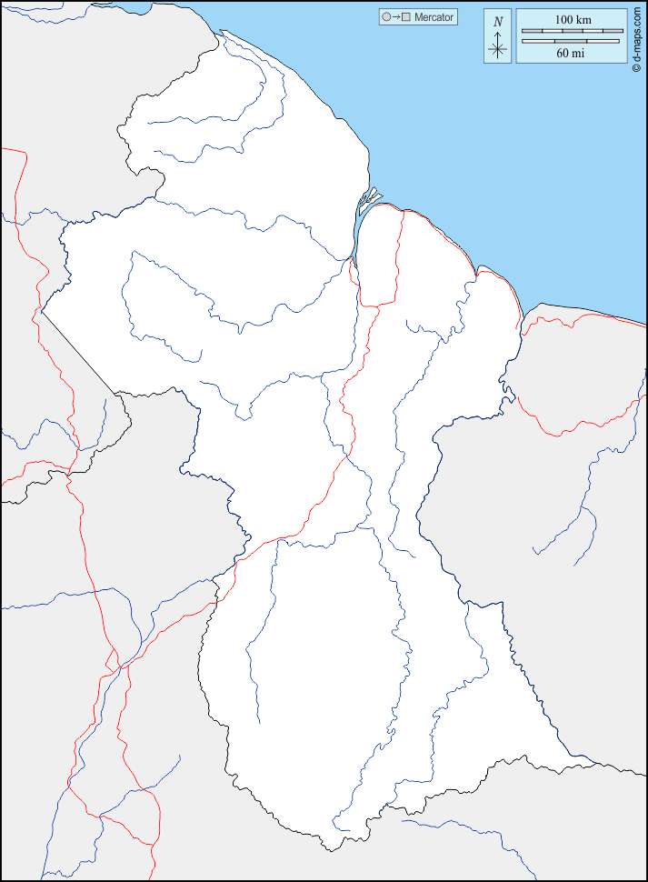Guyana : d-maps.com: mapa gratuito, mapa mudo gratuito, mapa en blanco gratuito, plantilla de mapa : fronteras, hidrografía, carreteras