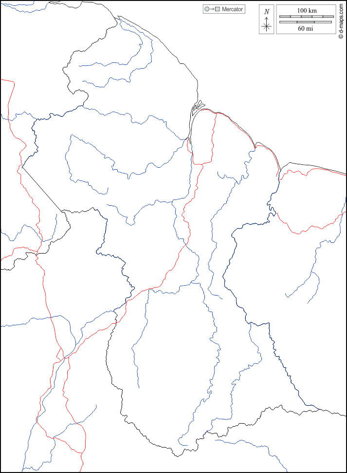 Guyana : d-maps.com: mapa gratuito, mapa mudo gratuito, mapa en blanco gratuito, plantilla de mapa : fronteras, hidrografía, carreteras, blanco