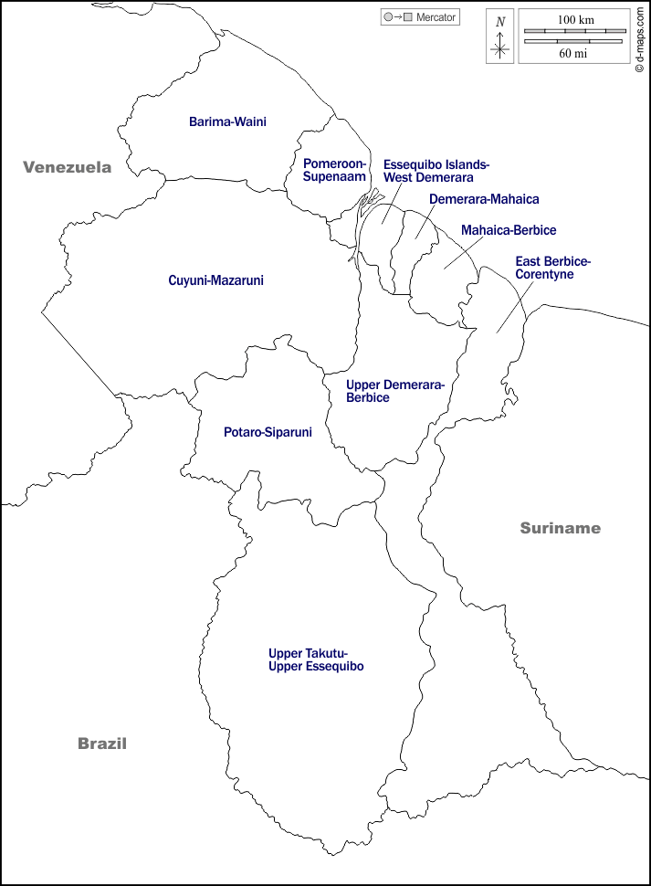 ガイアナ : d-maps.com: 無料地図, 無料の空の地図, 無料のアウトラインマップ, 無料のベースマップ
 : 境界, 地域, 名前, 白い