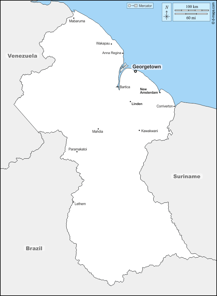 Guyana : d-maps.com: carte géographique gratuite, carte géographique muette gratuite, carte vierge gratuite, fond de carte gratuit, formats graphiques courants : frontières, principales villes, noms