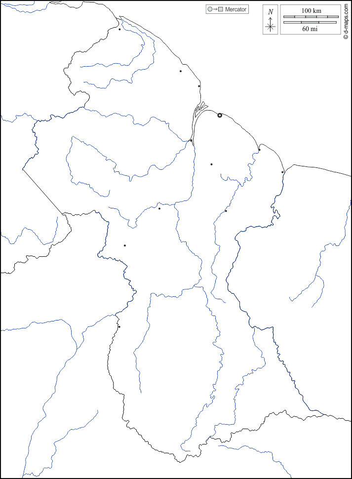 Guyana : d-maps.com: Kostenlose Karten, kostenlose stumme Karte, kostenlose unausgefüllt Landkarte, kostenlose hochauflösende Umrisskarte : Grenzen, Hydrografie, Wichtige Städte, weiß
