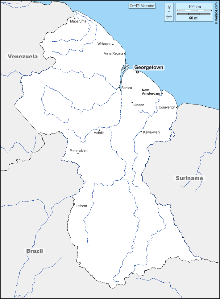 غيانا : خريطة مجانية, خريطة خاليه من الفراغ, خريطة الخطوط العريضة, خريطة القاعدة الحرة
 : حدود, هيدروغرافيا, المدن الرئيسية, أسماء