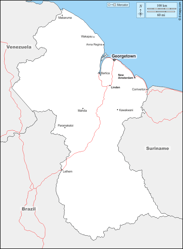 غيانا : خريطة مجانية, خريطة خاليه من الفراغ, خريطة الخطوط العريضة, خريطة القاعدة الحرة
 : حدود, المدن الرئيسية, الطرق, أسماء