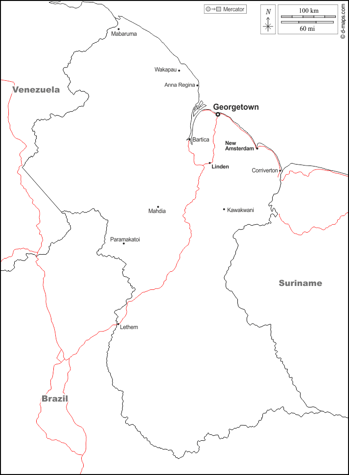 Guyana : d-maps.com: free map, free blank map, free outline map, free base map : boundaries, main cities, roads, names, white