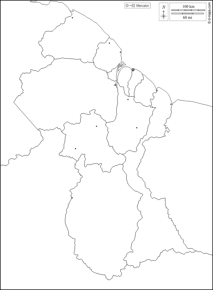 Guyana : d-maps.com: mapa gratuito, mapa mudo gratuito, mapa en blanco gratuito, plantilla de mapa : fronteras, regiones, principales ciudades, blanco