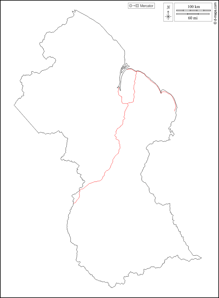 ガイアナ : d-maps.com: 無料地図, 無料の空の地図, 無料のアウトラインマップ, 無料のベースマップ
 : 輪郭, 道路, 白い