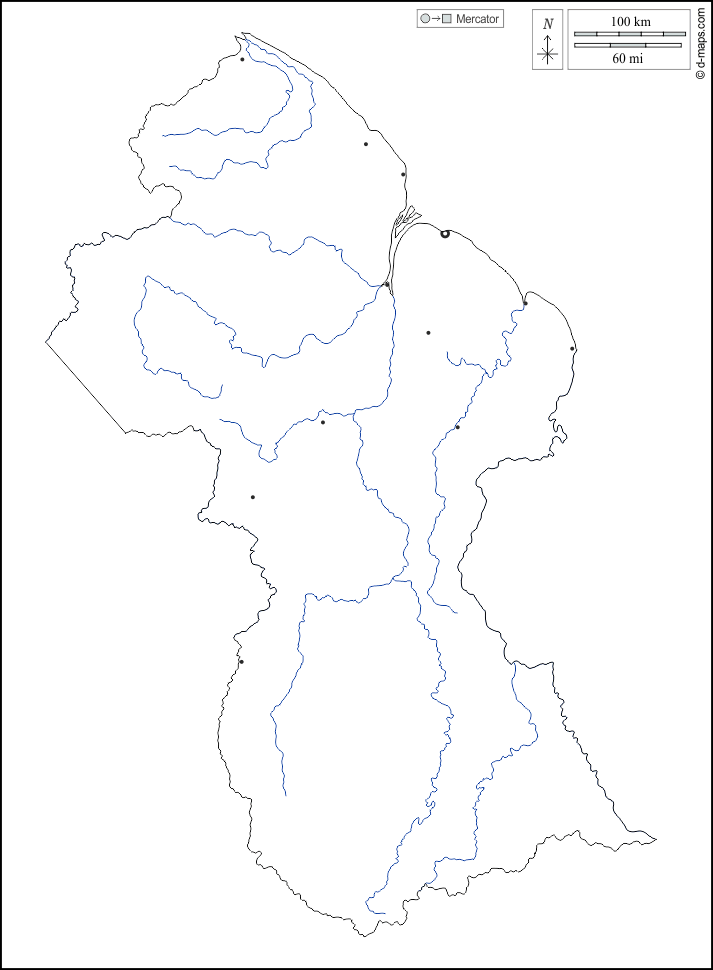 Guyana : d-maps.com: Kostenlose Karten, kostenlose stumme Karte, kostenlose unausgefüllt Landkarte, kostenlose hochauflösende Umrisskarte : Umrisse, Hydrografie, Wichtige Städte, weiß