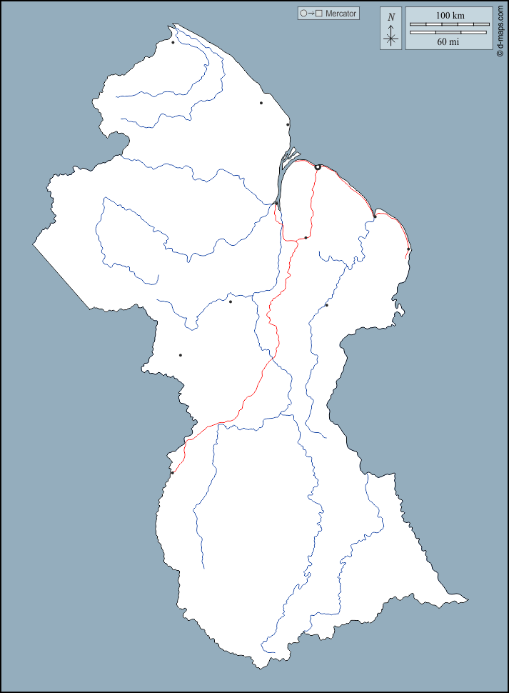 Guyana : d-maps.com: mappa gratuita, mappa muta gratuita, cartina muta gratuita : contorni, idrografia, principali città, strade