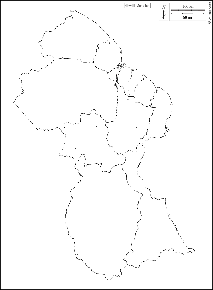 Guiana : d-maps.com: mapa livre, mapa em branco livre, mapa livre do esboço, mapa básico livre
 : contornos, regiões, principais cidades, branco
