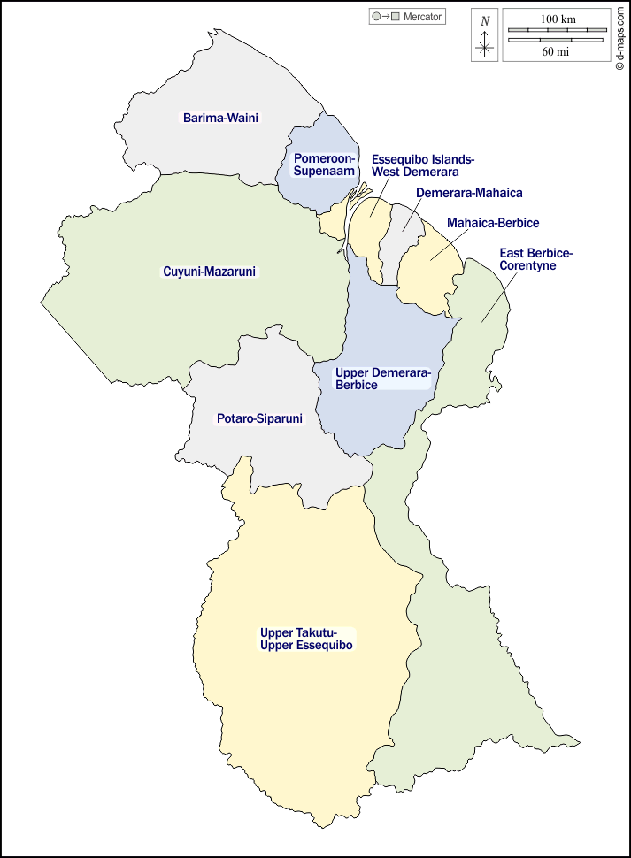 غيانا : خريطة مجانية, خريطة خاليه من الفراغ, خريطة الخطوط العريضة, خريطة القاعدة الحرة
 : الخطوط العريضة, مناطق, أسماء, اللون, أبيض