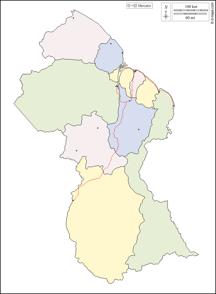 Guyana : d-maps.com: Kostenlose Karten, kostenlose stumme Karte, kostenlose unausgefüllt Landkarte, kostenlose hochauflösende Umrisskarte : Umrisse, Regionen, Wichtige Städte, Straßen, Farbe, weiß