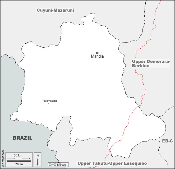Potaro-Siparuni : d-maps.com: mappa gratuita, mappa muta gratuita, cartina muta gratuita : frontiere, principali città, strade, nomi
