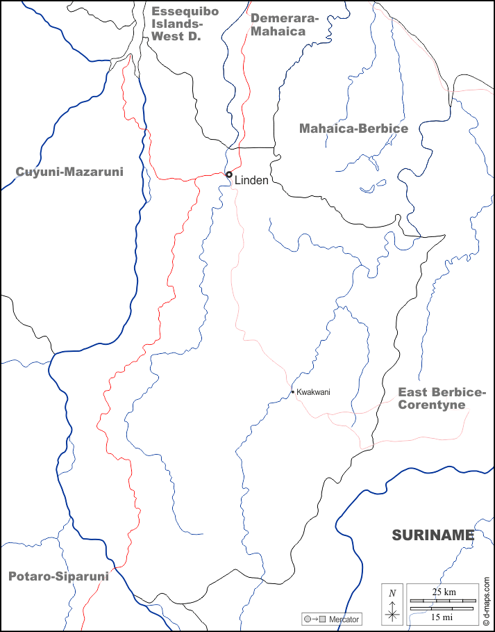 Alto Demerara-Berbice : d-maps.com: mappa gratuita, mappa muta gratuita, cartina muta gratuita : frontiere, idrografia, principali città, strade, nomi, bianco