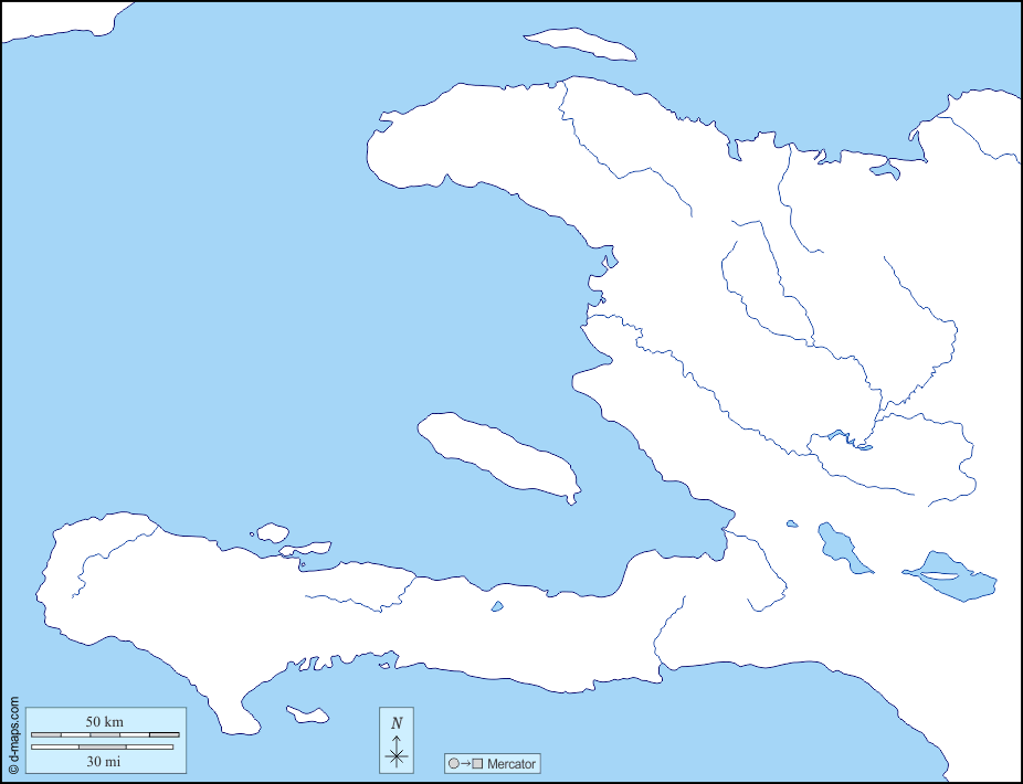 Haïti : d-maps.com: carte géographique gratuite, carte géographique muette gratuite, carte vierge gratuite, fond de carte gratuit, formats graphiques courants : littoraux, hydrographie