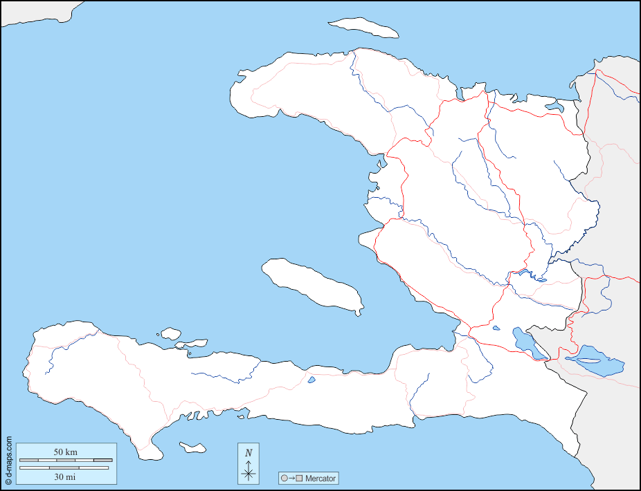 Haïti : d-maps.com: carte géographique gratuite, carte géographique muette gratuite, carte vierge gratuite, fond de carte gratuit, formats graphiques courants : frontières, hydrographie, routes