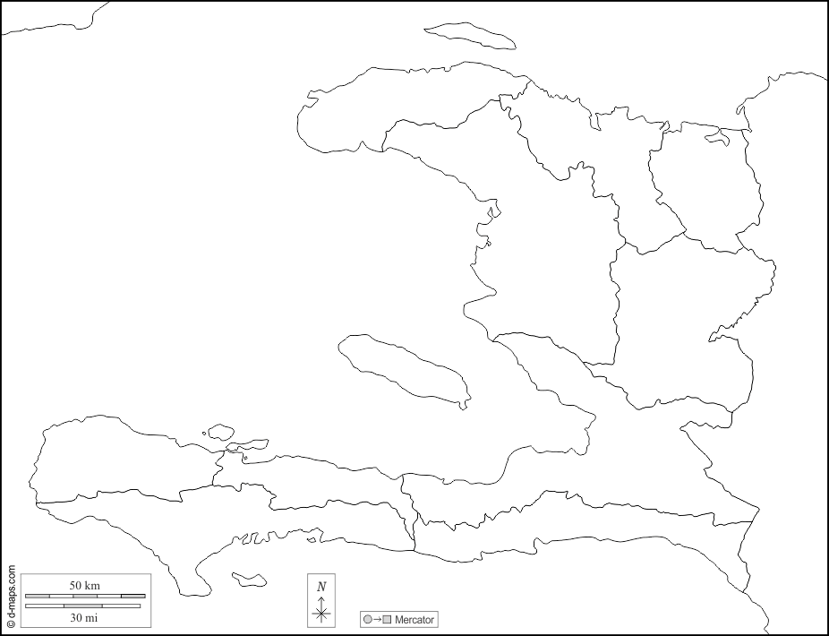 ハイチ : d-maps.com: 無料地図, 無料の空の地図, 無料のアウトラインマップ, 無料のベースマップ
 : 境界, 部門, 白い