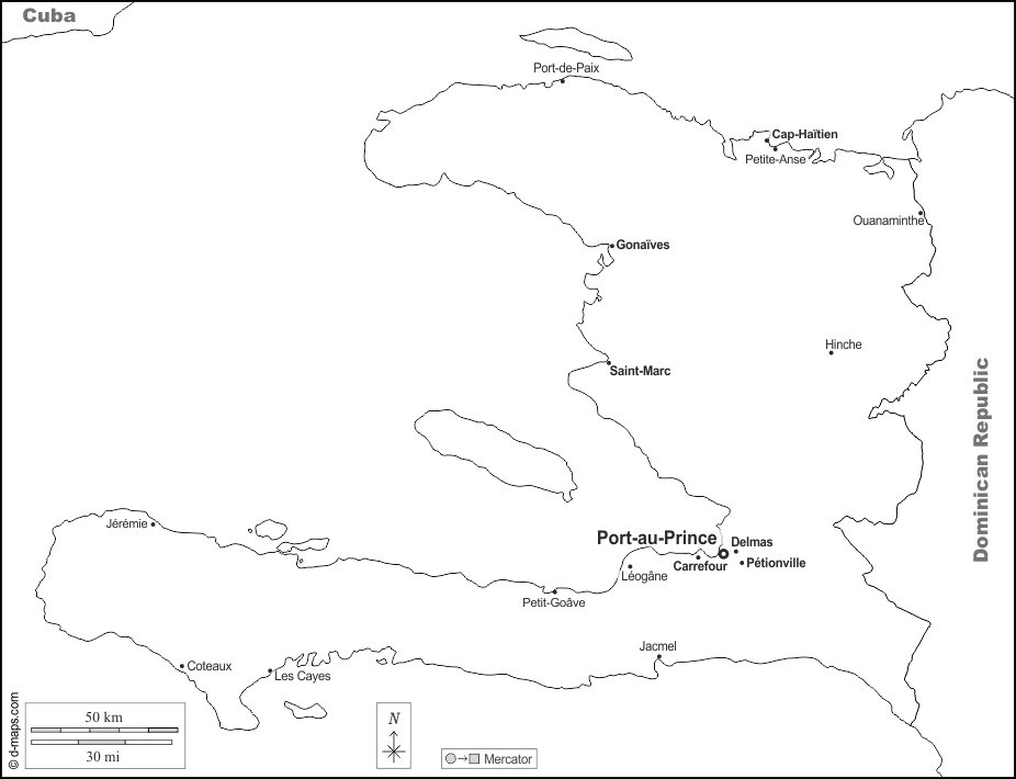 Haiti : d-maps.com: mappa gratuita, mappa muta gratuita, cartina muta gratuita : frontiere, principali città, nomi, bianco