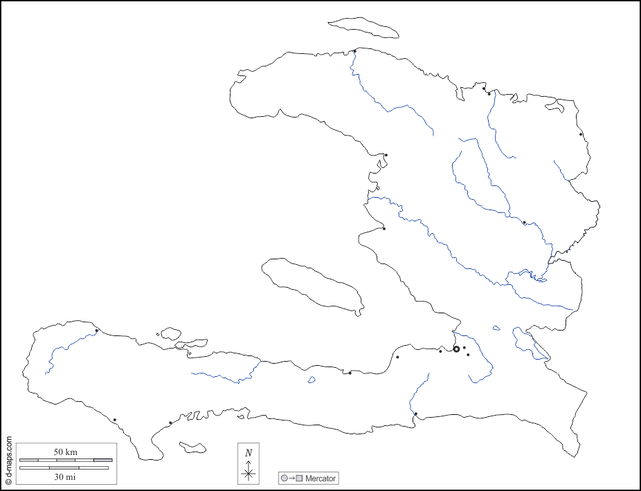 Haiti : d-maps.com: mapa livre, mapa em branco livre, mapa livre do esboço, mapa básico livre
 : contornos, hidrografia, principais cidades, branco