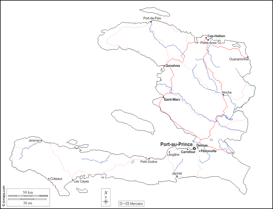 Haiti : d-maps.com: mapa livre, mapa em branco livre, mapa livre do esboço, mapa básico livre
 : contornos, hidrografia, principais cidades, estradas, nomes, branco