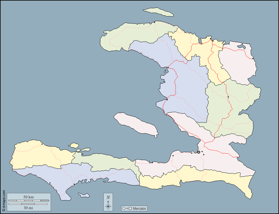 Haiti : d-maps.com: mappa gratuita, mappa muta gratuita, cartina muta gratuita : contorni, dipartimenti, principali città, strade, colore