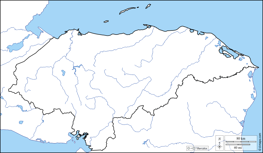 Honduras : d-maps.com: mappa gratuita, mappa muta gratuita, cartina muta gratuita : litorali, limiti, idrografia