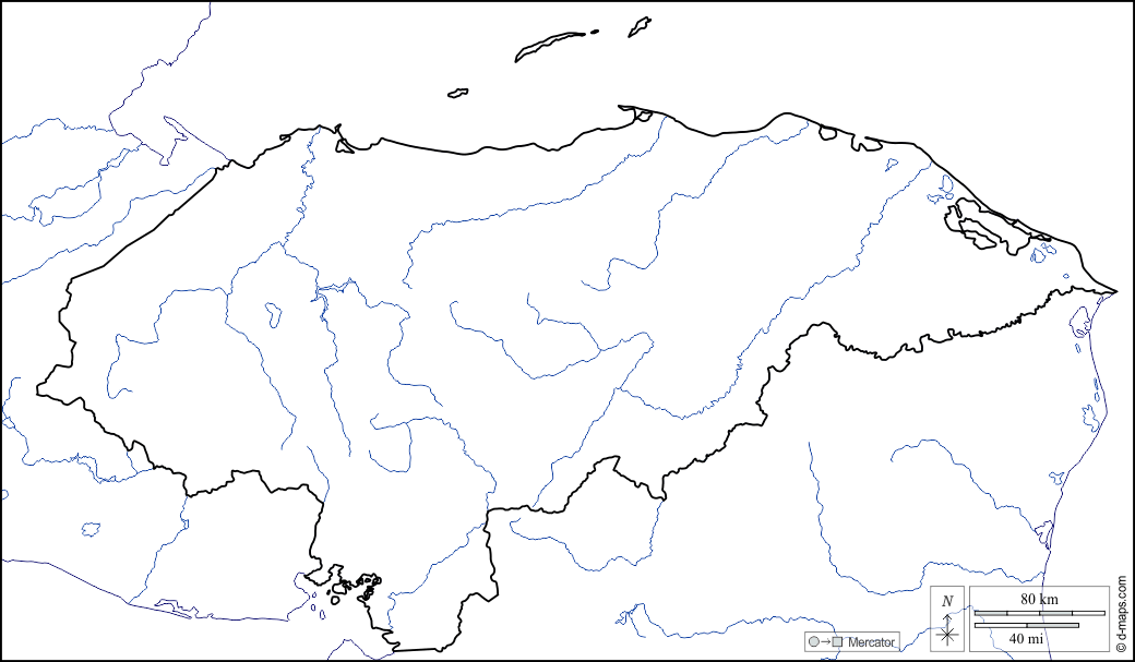 Honduras : d-maps.com: carte géographique gratuite, carte géographique muette gratuite, carte vierge gratuite, fond de carte gratuit, formats graphiques courants : littoraux, limites, hydrographie, blanc