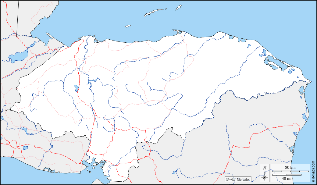 Honduras : d-maps.com: carte géographique gratuite, carte géographique muette gratuite, carte vierge gratuite, fond de carte gratuit, formats graphiques courants : frontières, hydrographie, routes
