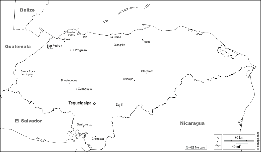 Honduras : d-maps.com: Kostenlose Karten, kostenlose stumme Karte, kostenlose unausgefüllt Landkarte, kostenlose hochauflösende Umrisskarte : Grenzen, Wichtige Städte, Namen, weiß