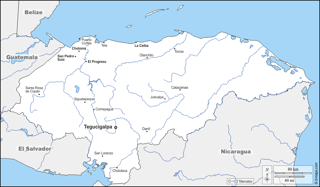 Honduras : d-maps.com: mapa livre, mapa em branco livre, mapa livre do esboço, mapa básico livre
 : fronteiras, hidrografia, principais cidades, nomes