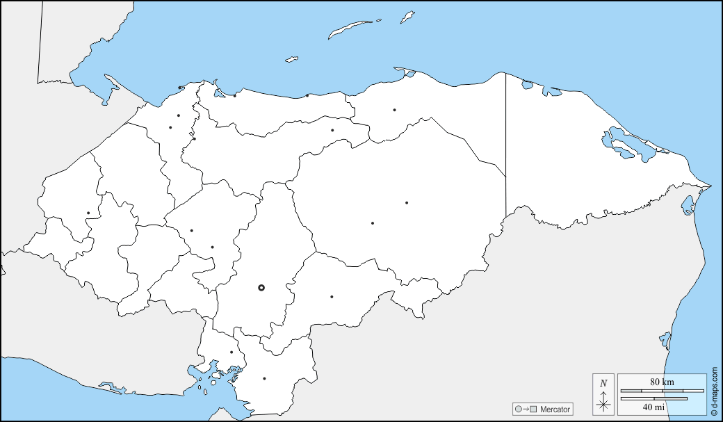 Honduras : d-maps.com: Kostenlose Karten, kostenlose stumme Karte, kostenlose unausgefüllt Landkarte, kostenlose hochauflösende Umrisskarte : Grenzen, Departements, Wichtige Städte