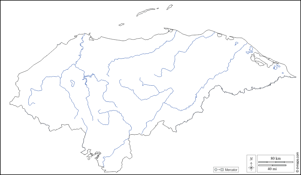 Honduras : d-maps.com: Kostenlose Karten, kostenlose stumme Karte, kostenlose unausgefüllt Landkarte, kostenlose hochauflösende Umrisskarte : Umrisse, Hydrografie, weiß