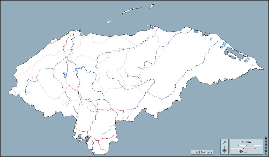 Honduras : d-maps.com: mappa gratuita, mappa muta gratuita, cartina muta gratuita : contorni, idrografia, strade