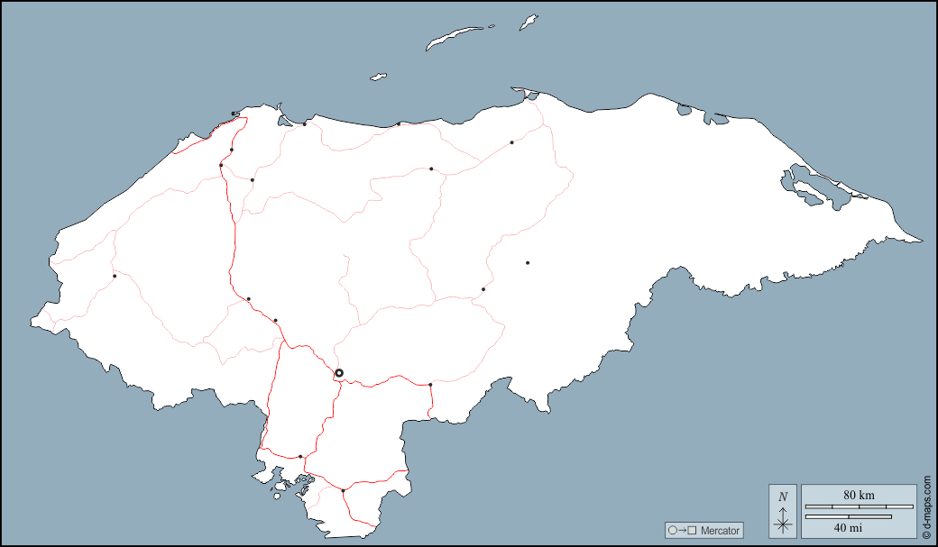 Honduras : d-maps.com: mappa gratuita, mappa muta gratuita, cartina muta gratuita : contorni, principali città, strade