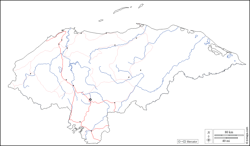 Honduras : d-maps.com: carte géographique gratuite, carte géographique muette gratuite, carte vierge gratuite, fond de carte gratuit, formats graphiques courants : contours, hydrographie, principales villes, routes, blanc
