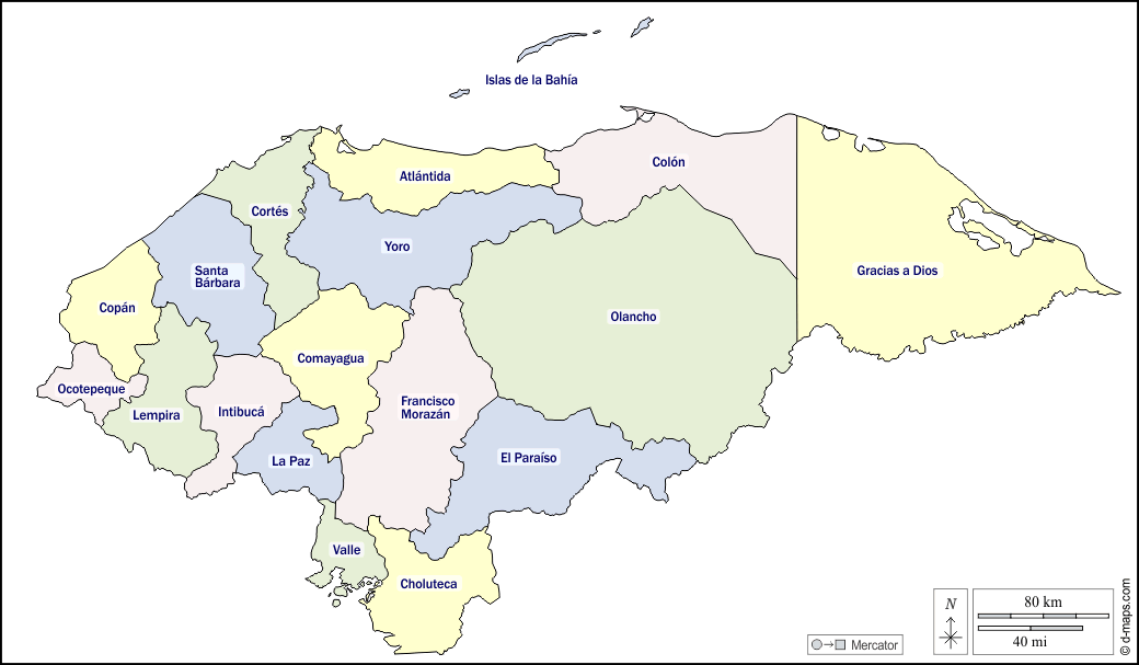 Honduras : d-maps.com: Kostenlose Karten, kostenlose stumme Karte, kostenlose unausgefüllt Landkarte, kostenlose hochauflösende Umrisskarte : Umrisse, Departements, Namen, Farbe, weiß