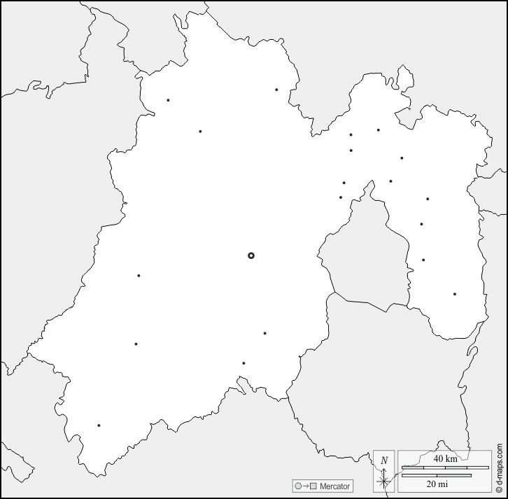 メキシコ : d-maps.com: 無料地図, 無料の空の地図, 無料のアウトラインマップ, 無料のベースマップ
 : 境界, 主要都市