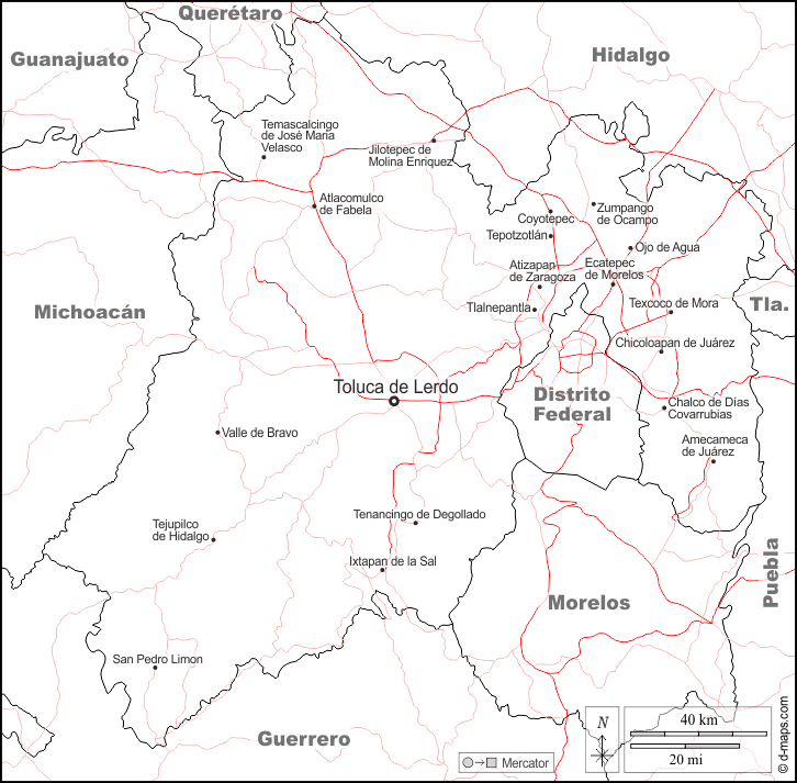 Mexico : d-maps.com: mappa gratuita, mappa muta gratuita, cartina muta gratuita : frontiere, principali città, strade, nomi, bianco