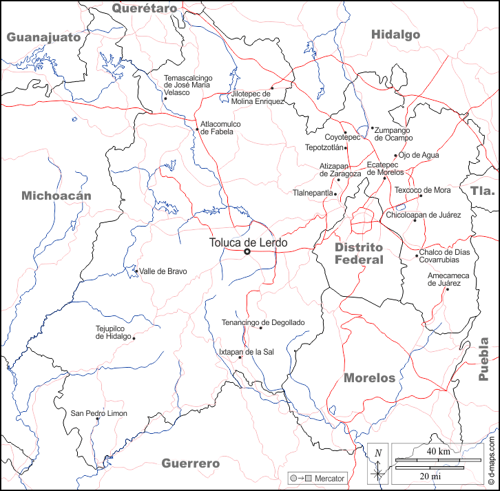 México : d-maps.com: mapa livre, mapa em branco livre, mapa livre do esboço, mapa básico livre
 : fronteiras, hidrografia, principais cidades, estradas, nomes, branco