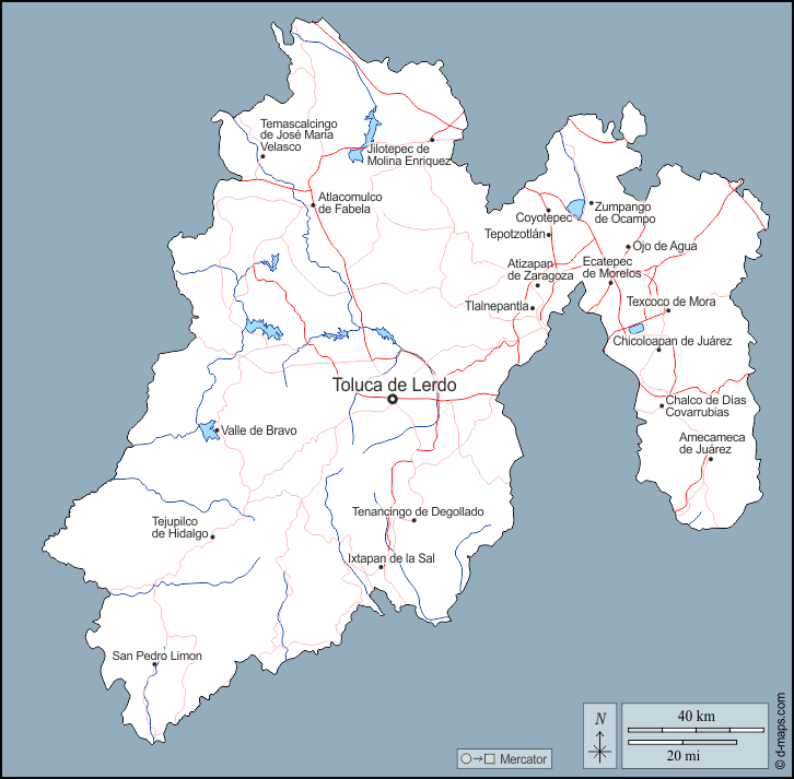 México : d-maps.com: mapa livre, mapa em branco livre, mapa livre do esboço, mapa básico livre
 : contornos, hidrografia, principais cidades, estradas, nomes