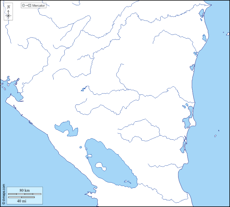 Nicaragua : d-maps.com: mapa gratuito, mapa mudo gratuito, mapa en blanco gratuito, plantilla de mapa : costas, hidrografía
